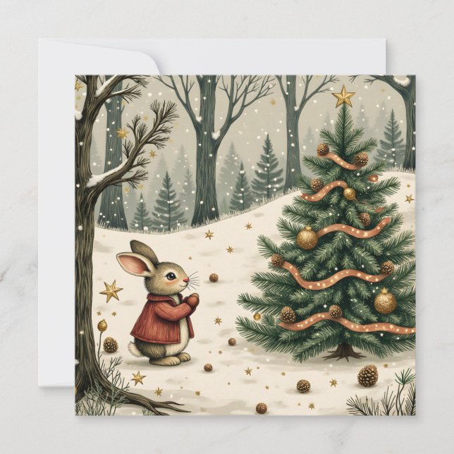 Whimsical Bunny with Christmas Tree in Forest Flat Holiday Card (Front)