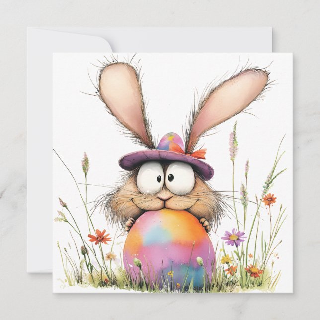 Whimsical Bunny with Decorated Egg Easter Greeting Card (Front)