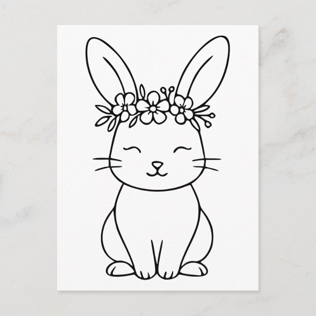 Whimsical Bunny with Floral Crown Line Art  Postcard (Front)