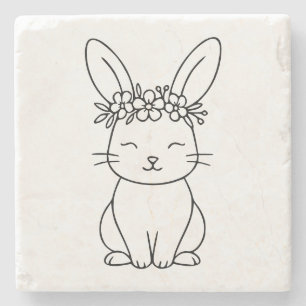 Whimsical Bunny with Floral Crown Line Art Stone Coaster