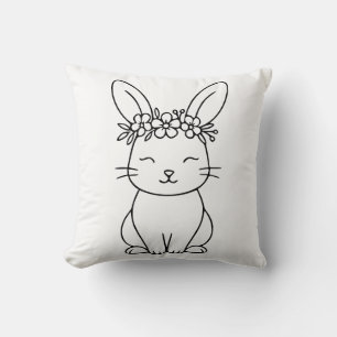 Whimsical Bunny with Floral Crown Line Art Throw Pillow