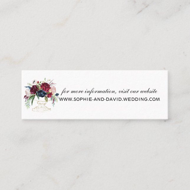 Whimsical Burgundy Blue Flowers Website Wedding Mini Business Card (Front)