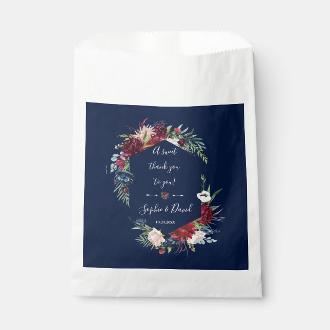 Whimsical Burgundy Blush Flowers Navy Blue Wedding Favour Bag (Front)
