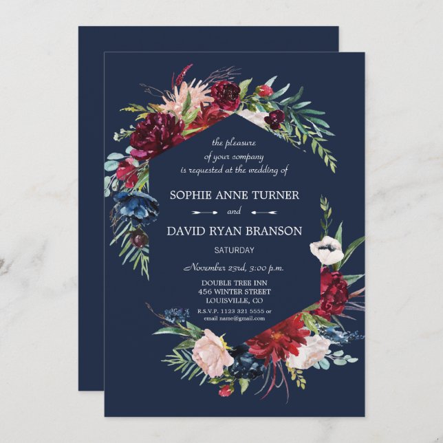 Whimsical Burgundy Blush Flowers Navy Blue Wedding Invitation (Front/Back)
