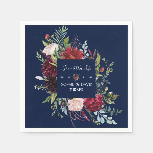 Whimsical Burgundy Blush Flowers Navy Blue Wedding Napkin (Front)
