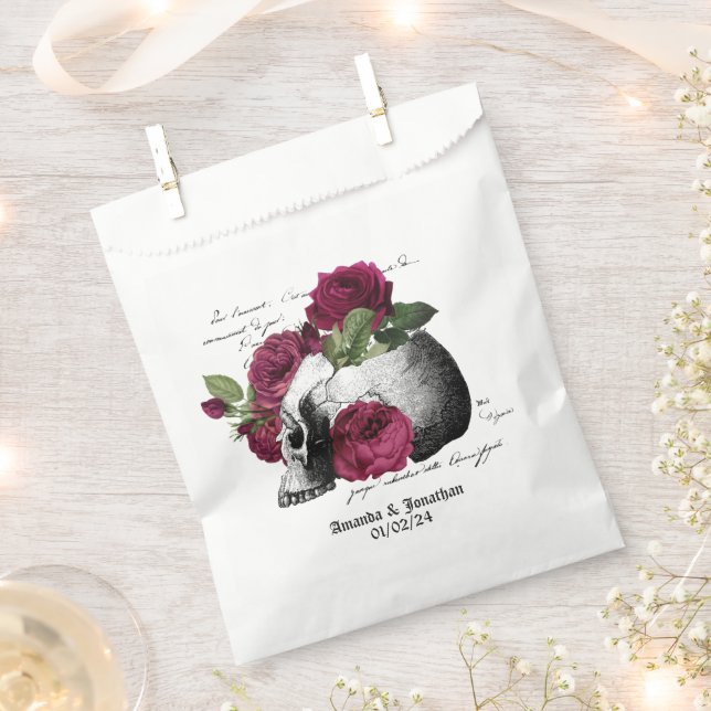 Whimsical Burgundy Floral Skull Gothic Wedding Favour Bag (Clipped)