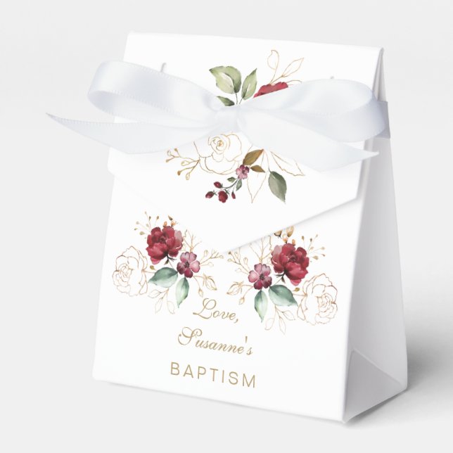 Whimsical Burgundy Gold Flowers Monogram Baptism Favor Box (Front Side)