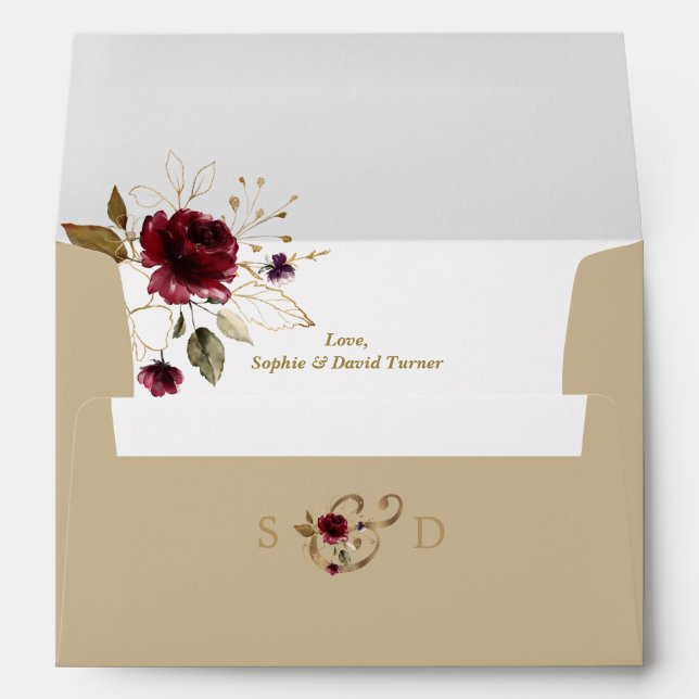 Whimsical Burgundy Gold Flowers Monogram Wedding Envelope (Back (Bottom))