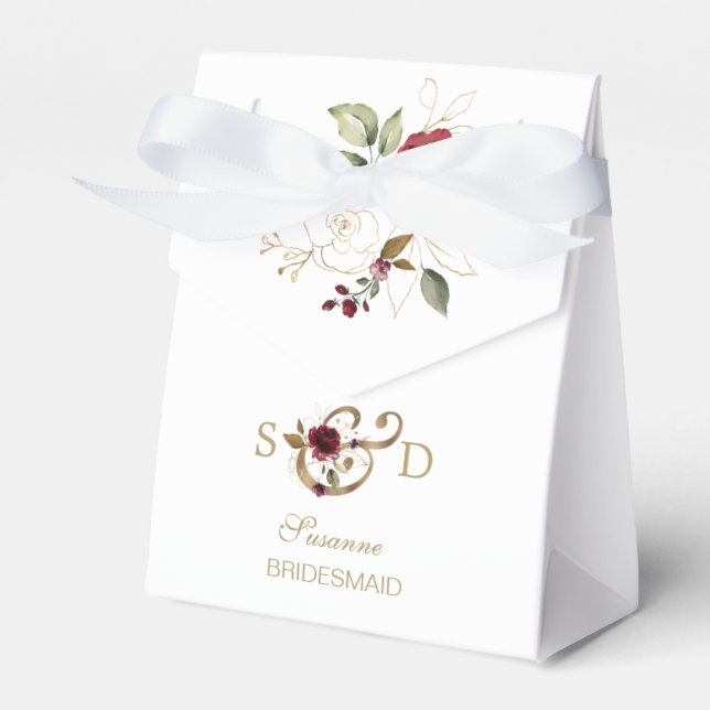 Whimsical Burgundy Gold Flowers Monogram Wedding Favor Box (Front Side)