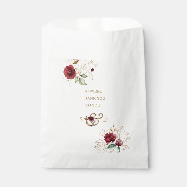 Whimsical Burgundy Gold Flowers Monogram Wedding Favour Bag (Front)