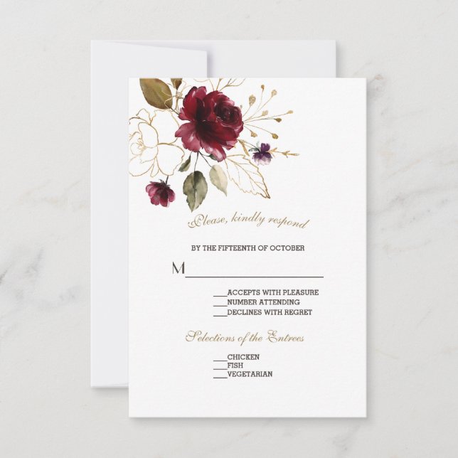Whimsical Burgundy Gold Flowers Wedding RSVP (Front)