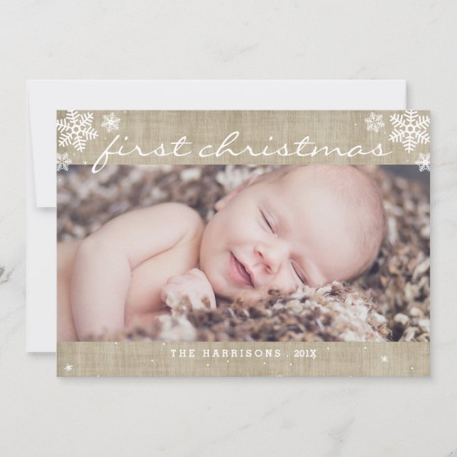 Whimsical Burlap Rustic First Christmas Photo Card (Front)