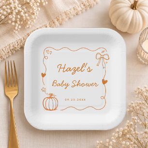 Whimsical Burnt Orange Pumpkin Doodle Baby Shower Paper Plate