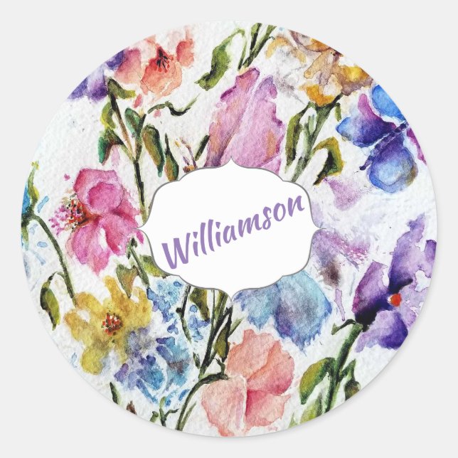 WHIMSICAL BUTTERFLIES AND FLOWERS PATTERN CLASSIC ROUND STICKER (Front)