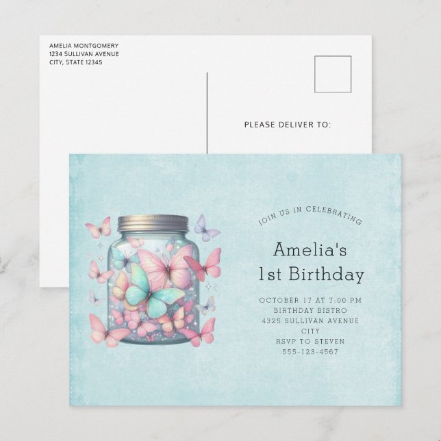 Whimsical Butterflies in a Jar Birthday Invitation Postcard (Front/Back)