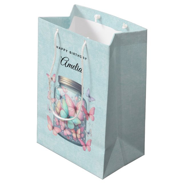 Whimsical Butterflies in a Jar Birthday Medium Gift Bag (Back Angled)