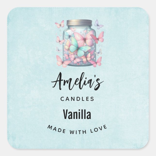 Whimsical Butterflies in a Jar - Candle Business Square Sticker (Front)