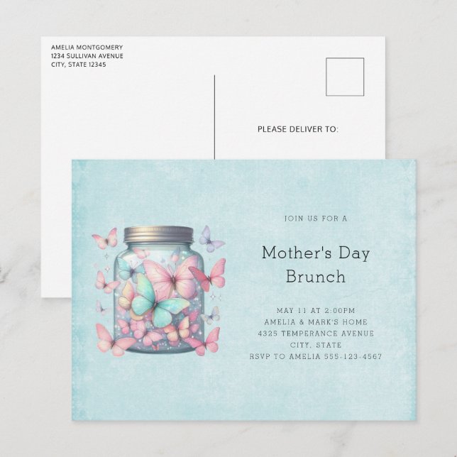 Whimsical Butterflies in a Jar Mother's Day Brunch Invitation Postcard (Front/Back)