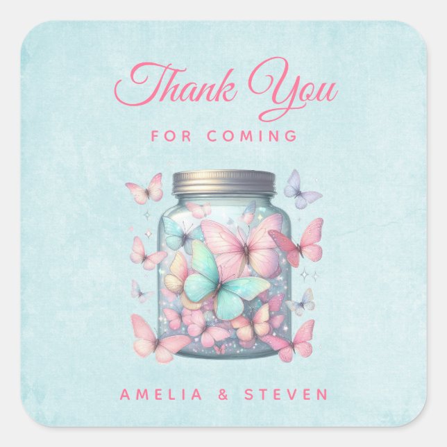 Whimsical Butterflies in a Jar Wedding Thank You Square Sticker (Front)