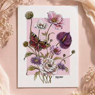 Whimsical Butterfly and Botanical Illustration Postcard