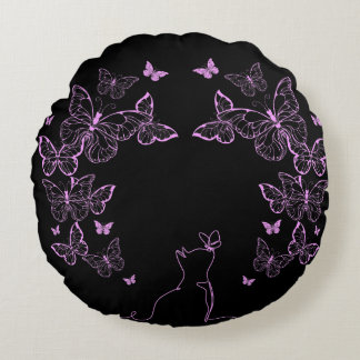 Whimsical Butterfly and Cat line art Round Pillow