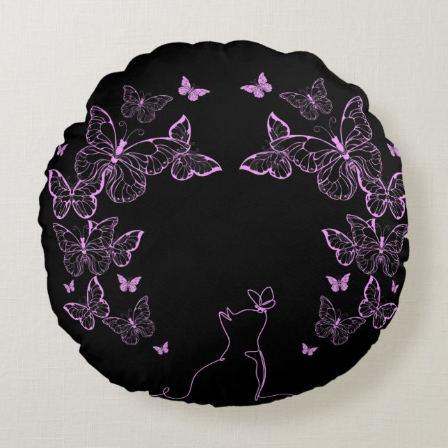 Whimsical Butterfly and Cat line art Round Pillow (Front)
