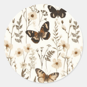 Whimsical Butterfly and Flower Pattern Classic Round Sticker