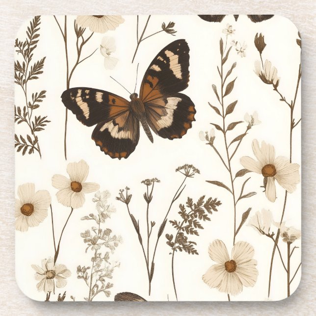  Whimsical Butterfly and Flower Pattern Coaster (Front)
