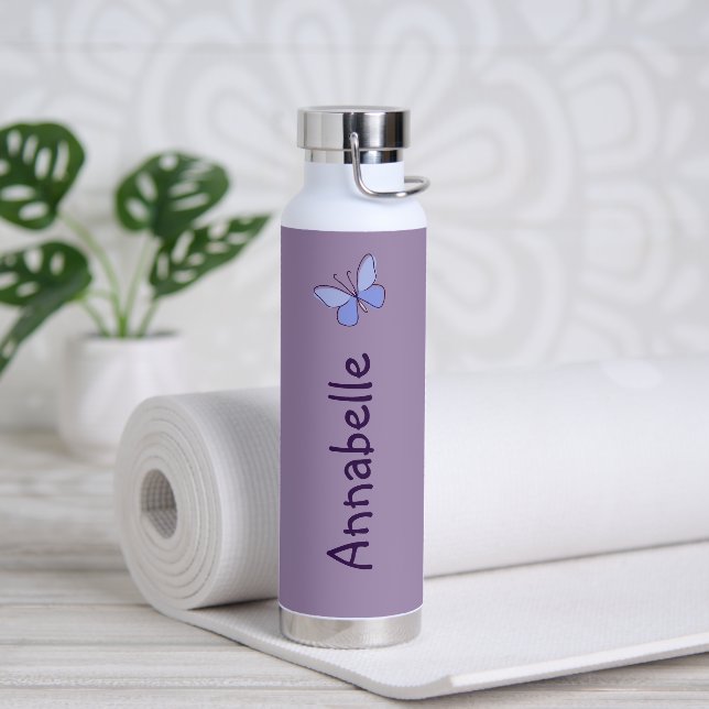Whimsical Butterfly Doodle Your Name Violet Water Bottle (Yoga)