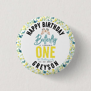Whimsical Butterfly Floral 1st Birthday 1 Inch Round Button