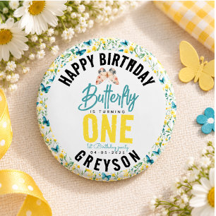 Whimsical Butterfly Floral 1st Birthday 1 Inch Round Button