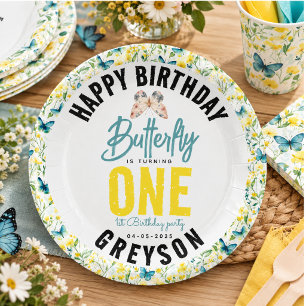 Whimsical Butterfly Floral 1st Birthday Paper Plate