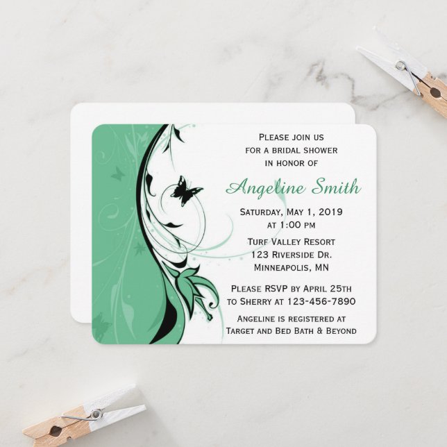 Whimsical Butterfly | Green Floral Bridal Shower Invitation (Front/Back In Situ)