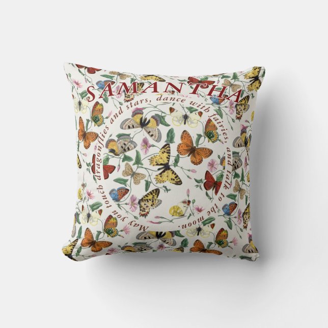 Whimsical Butterfly Morning Glory Botanical Quote Throw Pillow (Front)