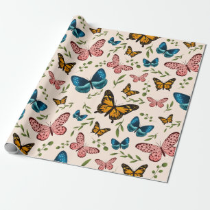 Whimsical Butterfly Pattern with Green Leaves Wrapping Paper