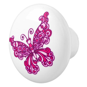 Whimsical butterfly pink inked art doorknob ceramic knob