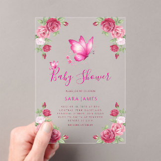 Whimsical Butterfly & Rose Baby Shower Acrylic Invitations