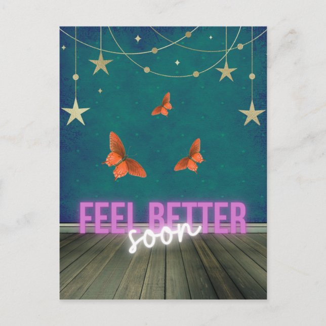 Whimsical Butterfly Scene Get Well Soon Postcard (Front)