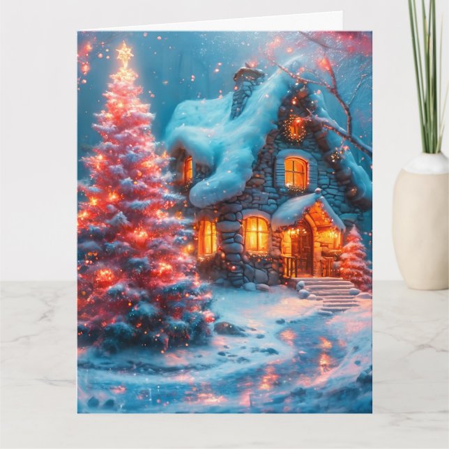 Whimsical Cabin with Pink Christmas Tree Card (Front)