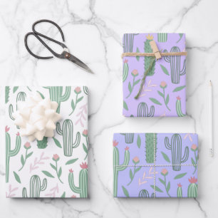 Whimsical cactus botanical pattern 3 colours wrapping paper sheet