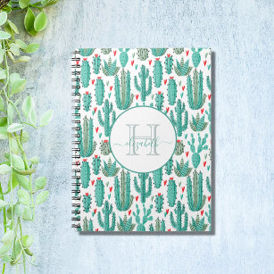 Whimsical cactus green white cute pattern notebook