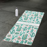 Whimsical cactus green white pattern monogram yoga mat<br><div class="desc">On the front: A chic white background decorated with a whimsical pattern of painted cactus, cacti and succulents and red and green hearts. Personalize and add your name. The name is written with a large modern hand lettered style script. Green coloured letters. To keep the swashes only delete the sample...</div>