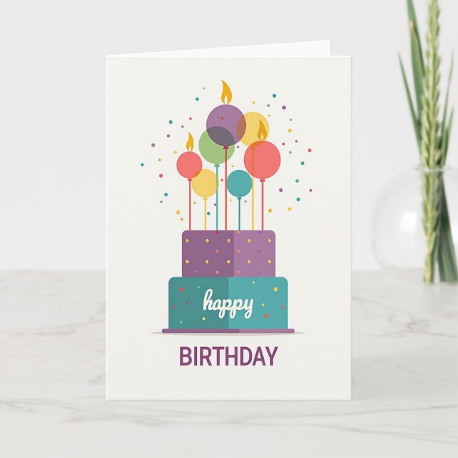 Whimsical Cake And Balloon Birthday Card (Front)