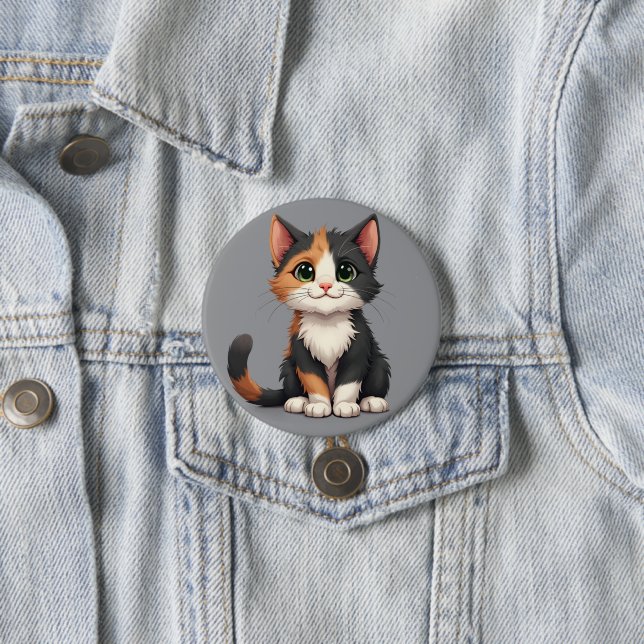 Whimsical Calico Kitten with Cattitude 3 Inch Round Button (In Situ)
