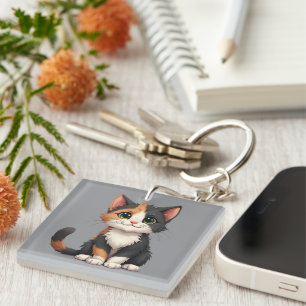 Whimsical Calico Kitten with Cattitude Keychain