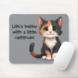 Whimsical Calico Kitten with Cattitude Mouse Pad