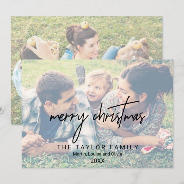 Whimsical Calligraphy | 2 Faded Photos Christmas Holiday Card (Front/Back)