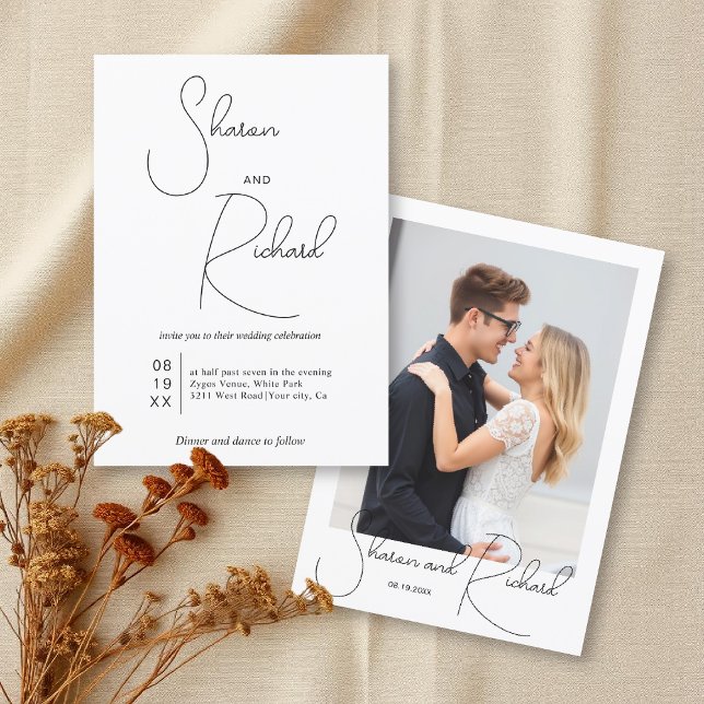 Whimsical calligraphy black white photo wedding invitation (Creator Uploaded)