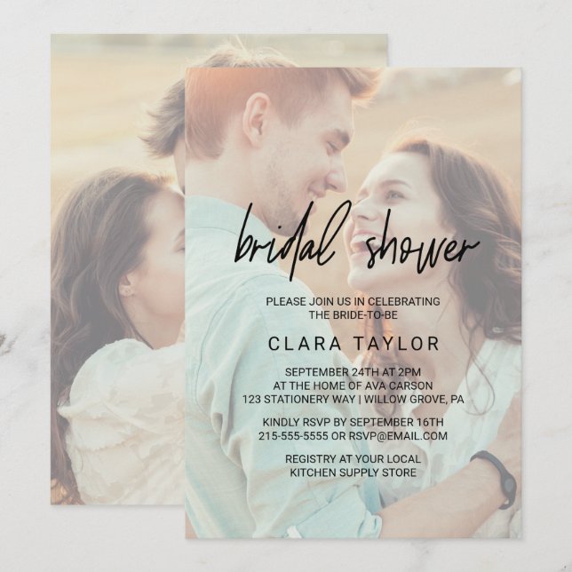 Whimsical Calligraphy | Faded Photo Bridal Shower Invitation (Front/Back)
