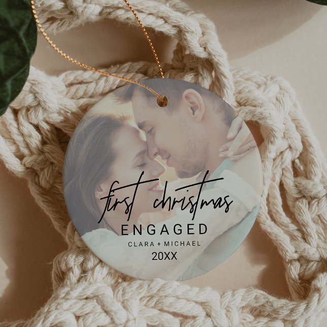 Whimsical Calligraphy Faded Photo Engaged Ceramic Ornament (Whimsical Calligraphy Faded Photo Engaged Ceramic Ornament)